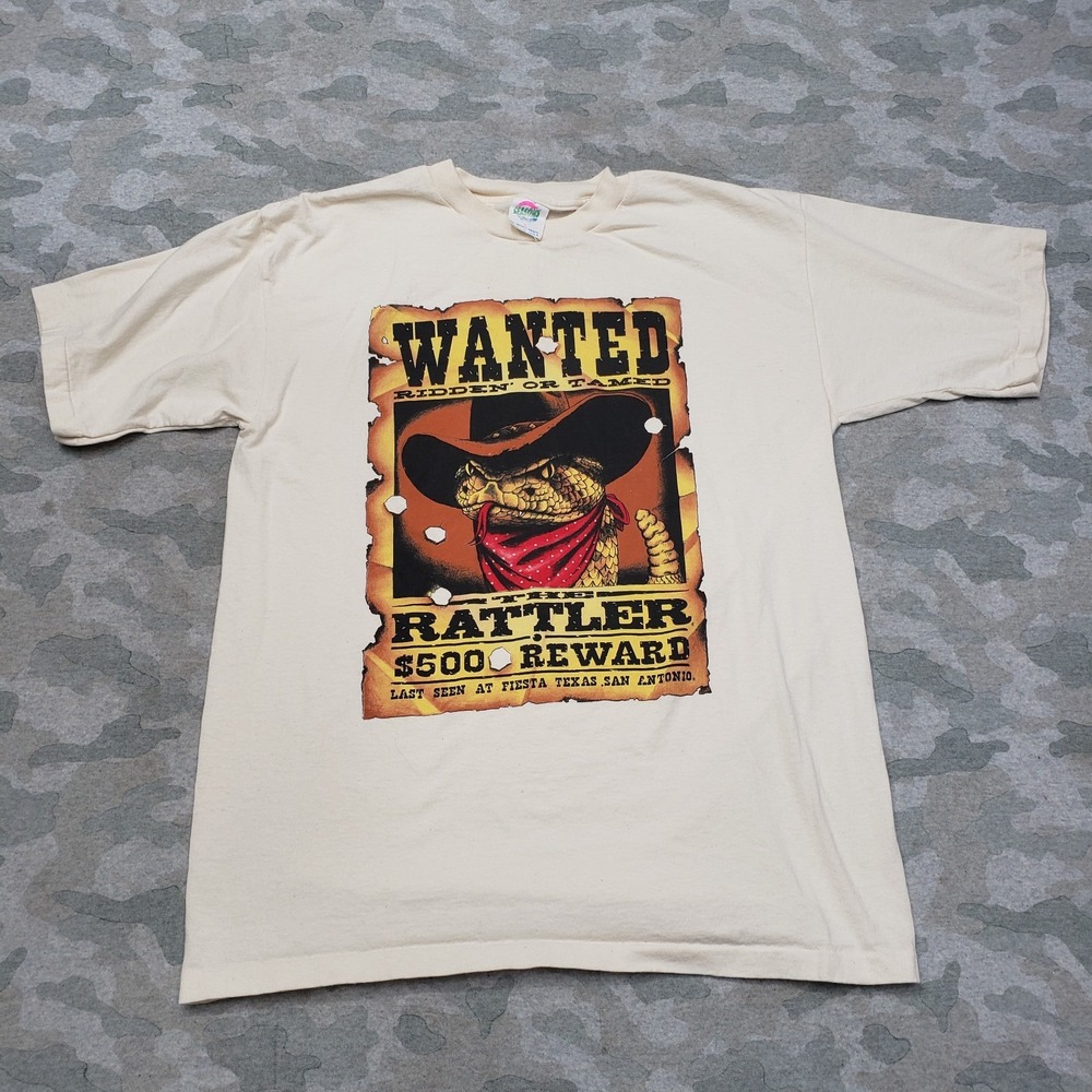 Vtg Seasons Shirt Mens Large Beige Wanted Rattler Rattler‎ Reward Single Stitch